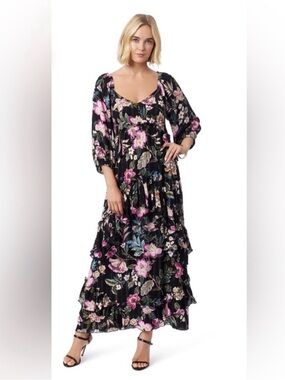 Jessica Simpson Black Floral Maxi Dress with Pink and Blue Blooms